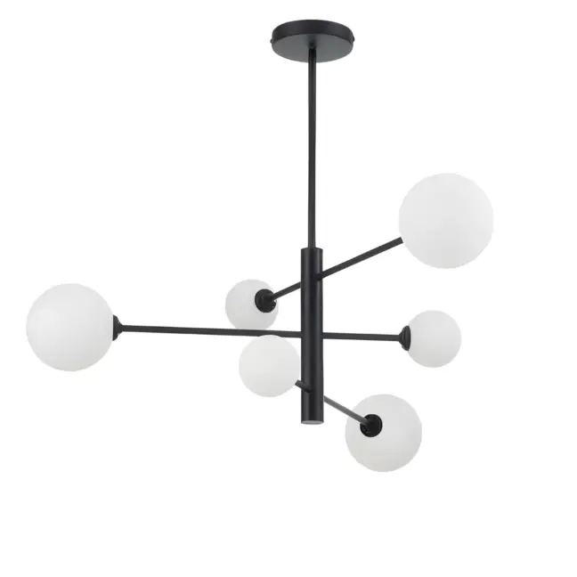 Czarna lampa Dorado 6 z mlecznymi kloszami do salonu