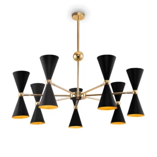 Czarny żyrandol Vesper 14 z otwartymi kloszami i złotym wnętrzem