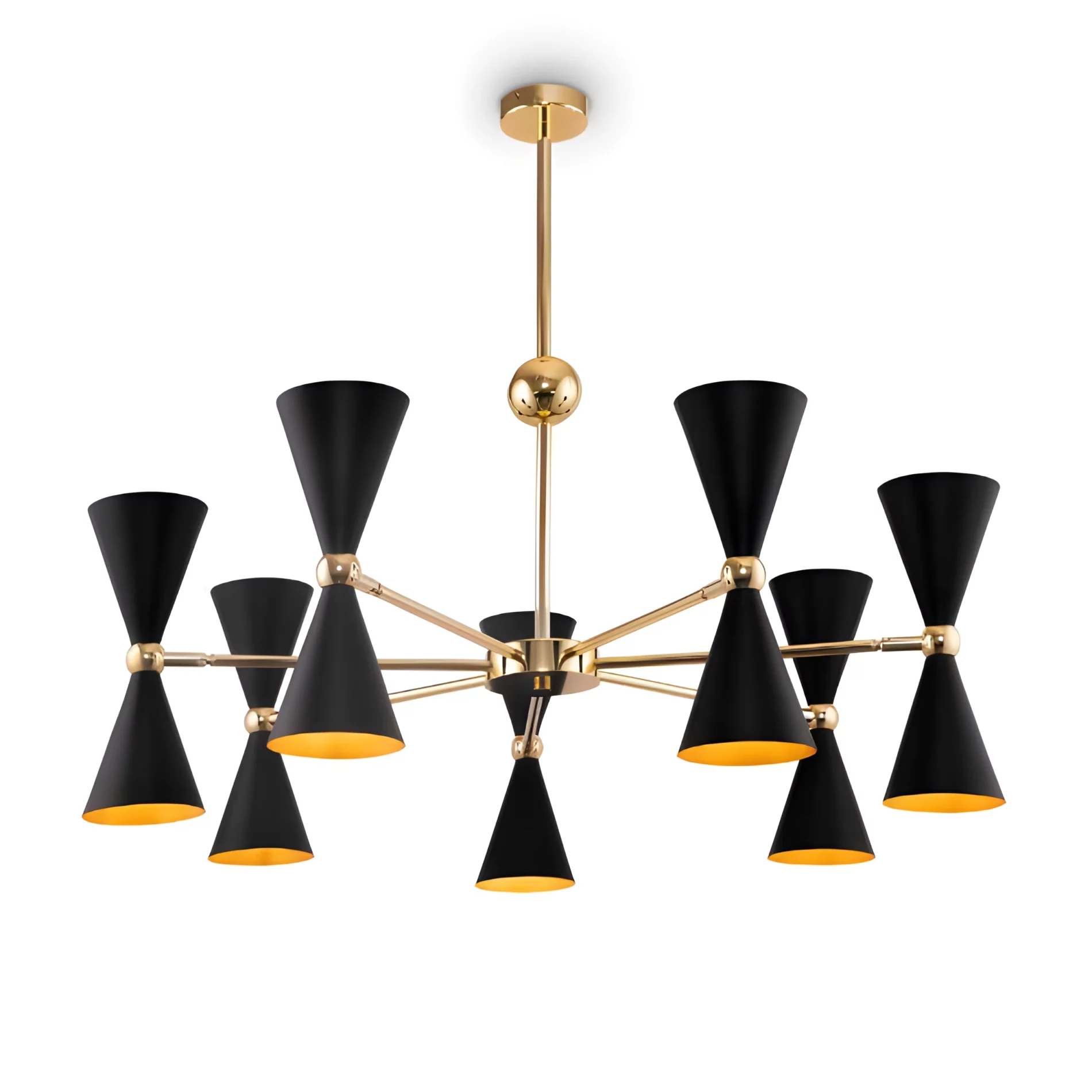 Czarny żyrandol Vesper 14 z otwartymi kloszami i złotym wnętrzem