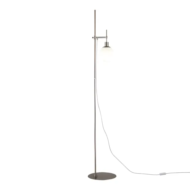 Srebrna lampa podłogowa Erich z mlecznym, szklanym kloszem