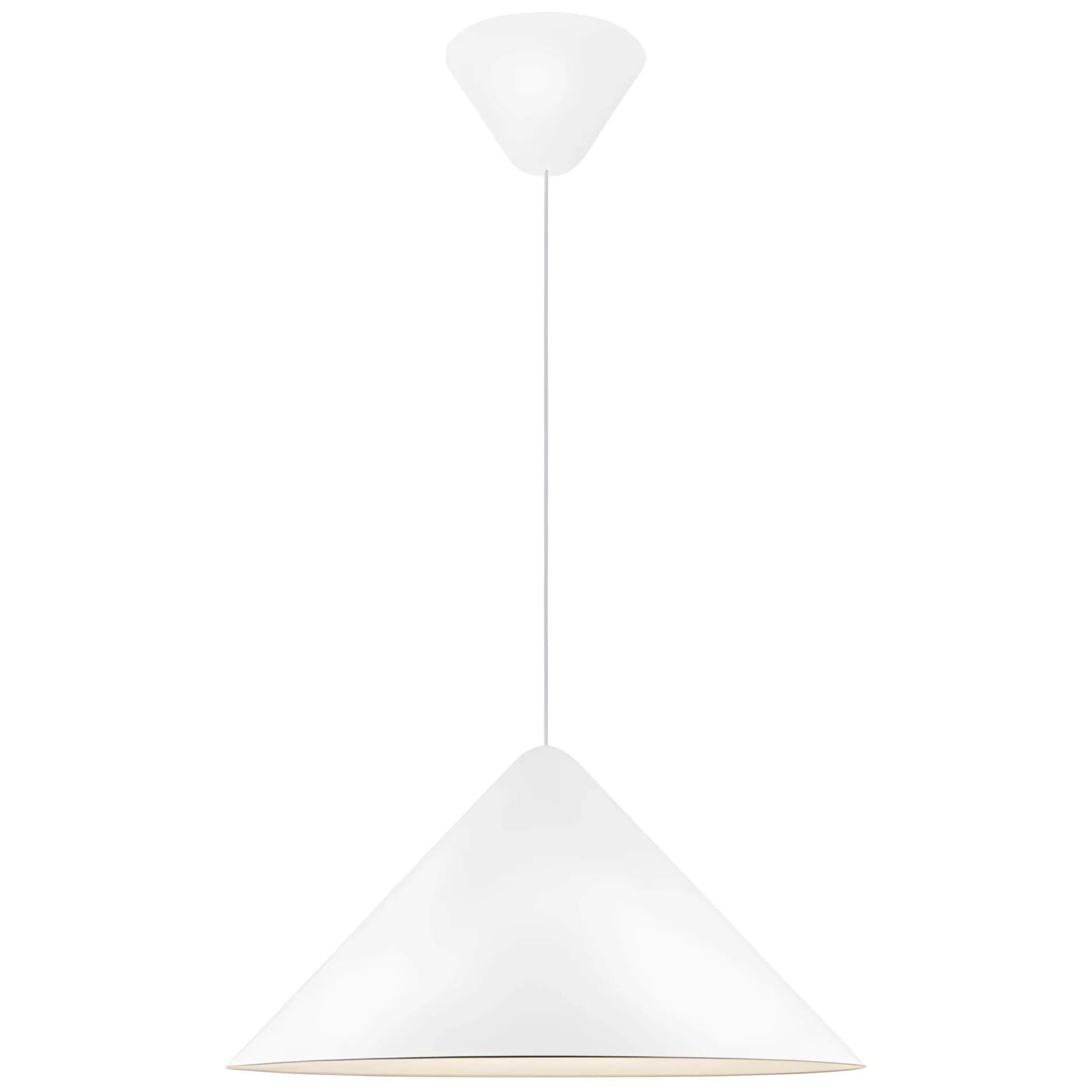 Biała wisząca lampa Nono 49 w stylu japandi od DFTP z dużym, szerokim kloszem