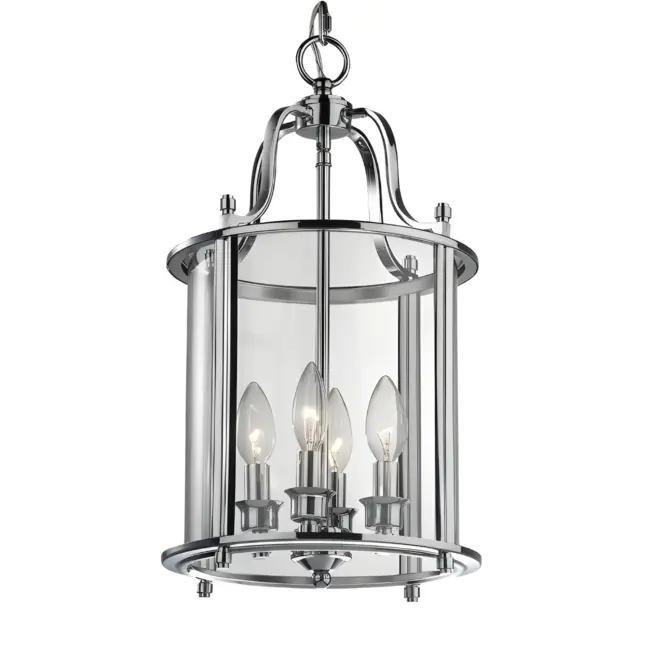 Srebrna wisząca lampa New York z czterema punktami świetlnymi i szklanym kloszem