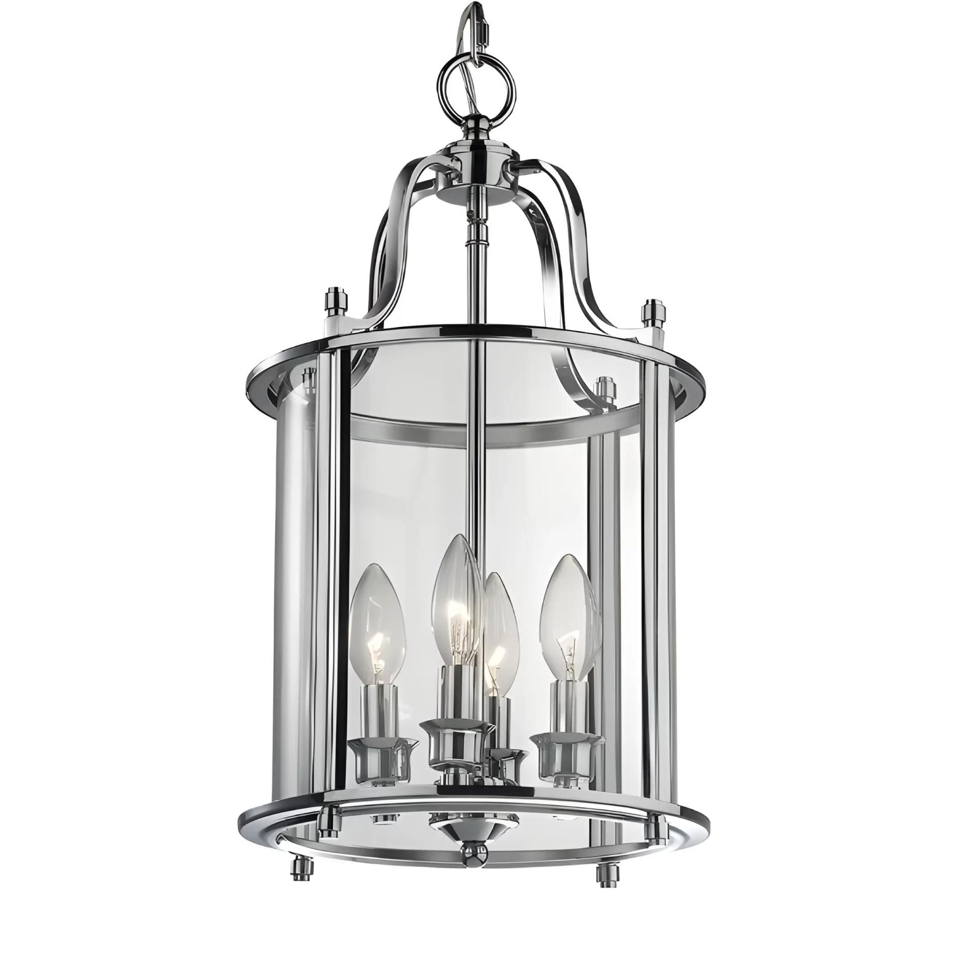 Srebrna wisząca lampa New York z czterema punktami świetlnymi i szklanym kloszem