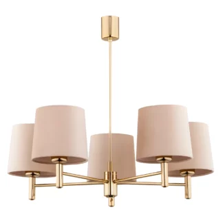 Złoty żyrandol Ponte 5 z beżowymi welurowymi abażurami