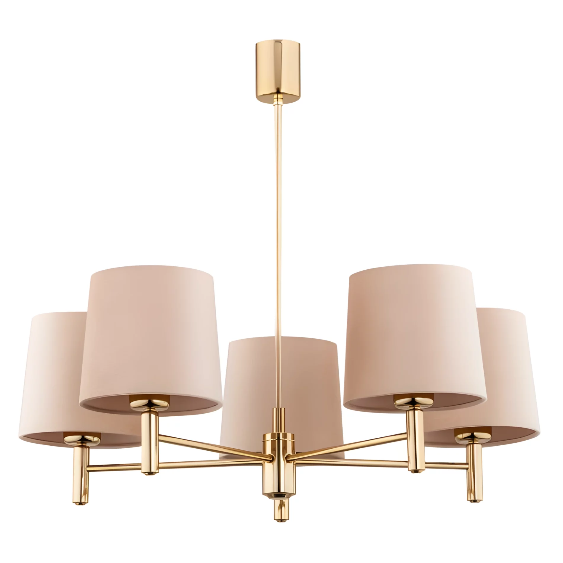 Złoty żyrandol Ponte 5 z beżowymi welurowymi abażurami