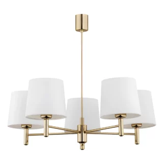 Złoty żyrandol Ponte 5 z białymi, welurowymi abażurami