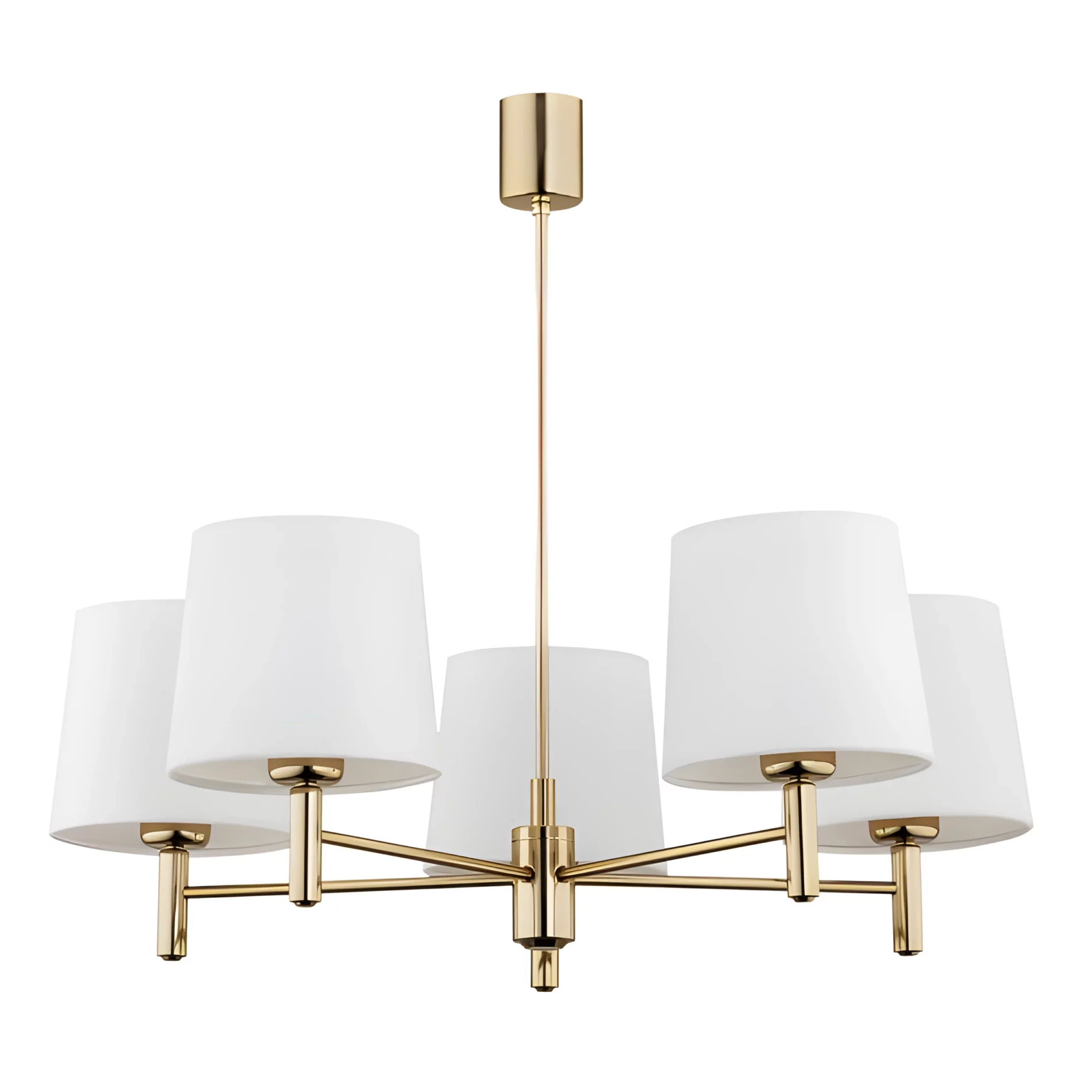 Złoty żyrandol Ponte 5 z białymi, welurowymi abażurami