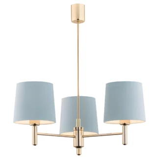 Złoty żyrandol Ponte 3 z abażurami w odcieniu błękitu