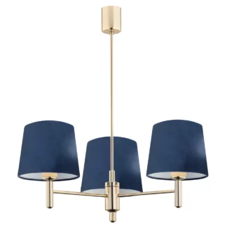 Żyrandol Ponte 3 w złotym kolorze z granatowymi abażurami