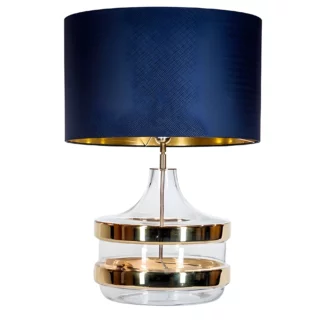 Elegancka szklana lampa stołowa Baden Baden z złotymi detalami i granatowym abażurem