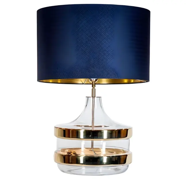 Elegancka szklana lampa stołowa Baden Baden z złotymi detalami i granatowym abażurem