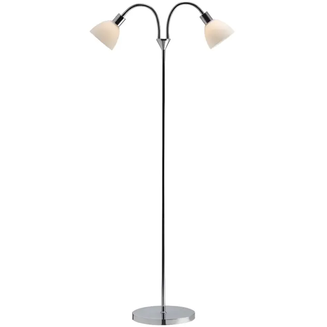Srebrna lampa podłogowa Ray od Nordlux z dwoma regulowanymi kloszami