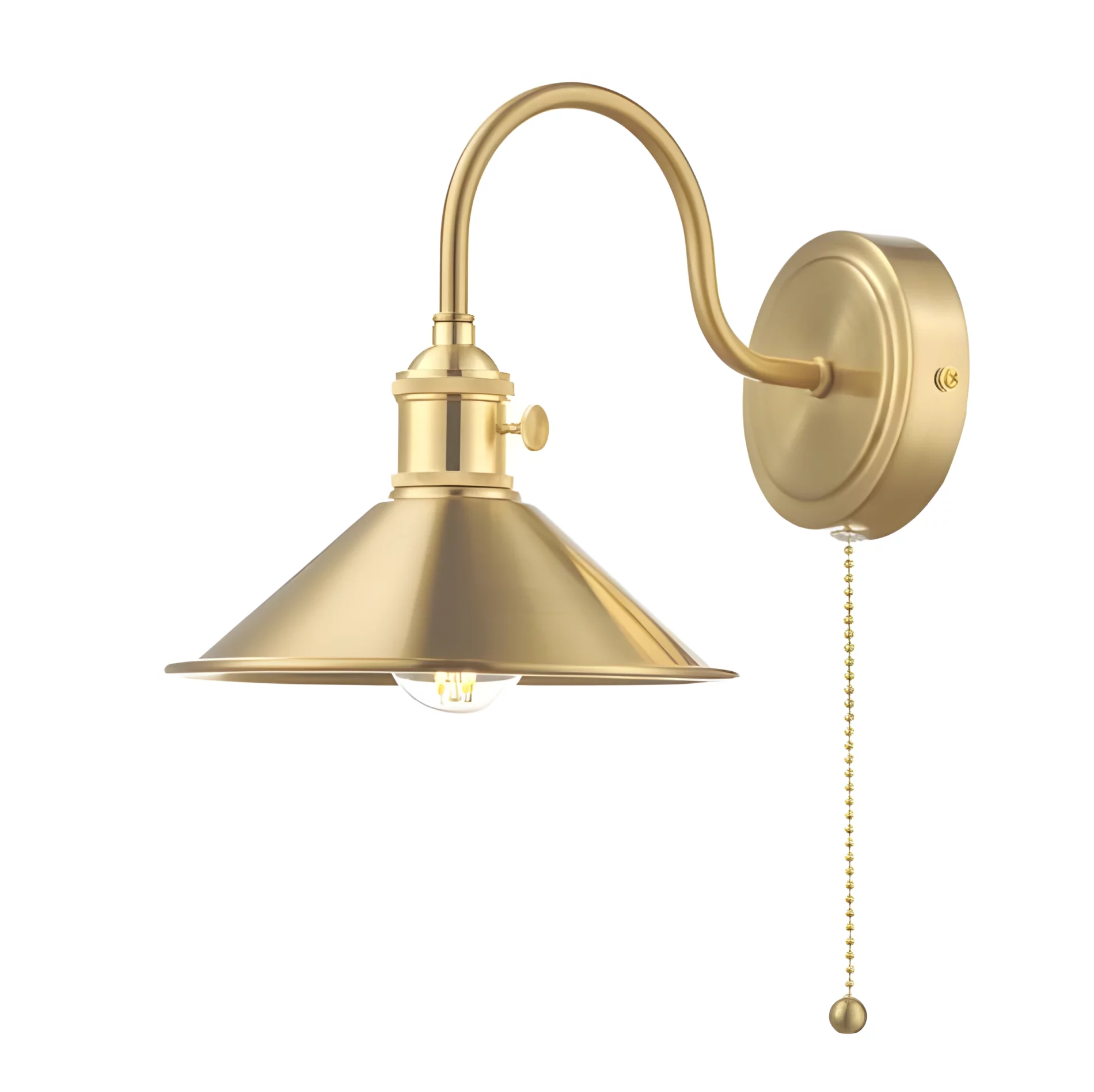 Elegancki kinkiet Hadano w kolorze mosiądzu z łańcuszkowym włącznikiem