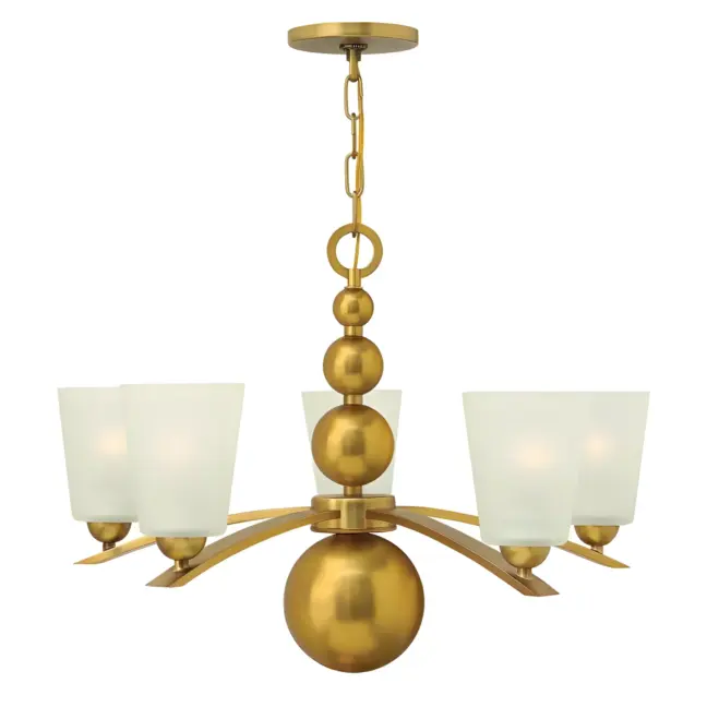 Elegancki złoty żyrandol Lucy z białymi kloszami od Ardant Decor