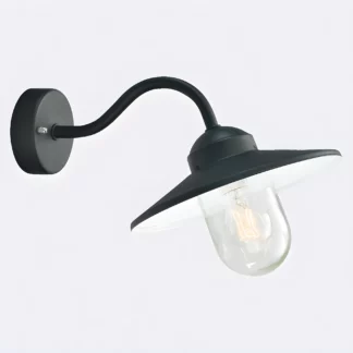 Czarny kinkiet ścienny z wygiętym ramieniem i przezroczystym kloszem ze szkła z widoczną żarówką dekoracyjną na jasnym tle.
