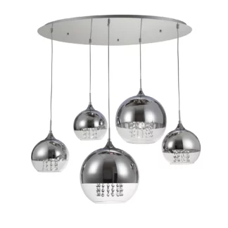 Wisząca lampa Fermi z pięcioma kulistymi kloszami wykonanymi ze szkła i metalu, ozdobiona kryształami