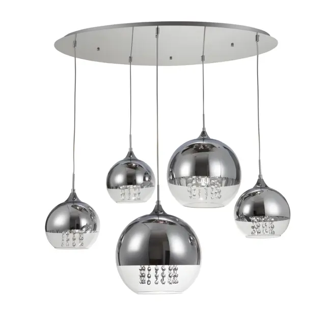 Wisząca lampa Fermi z pięcioma kulistymi kloszami wykonanymi ze szkła i metalu, ozdobiona kryształami