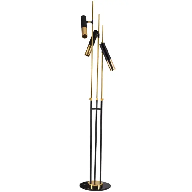 Nowoczesna lampa podłogowa Golden Pipe z trzema regulowanymi kloszami