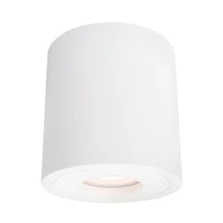 Biała cylindryczna tuba sufitowa z ciepłym światłem LED skierowanym w dół na białym tle.