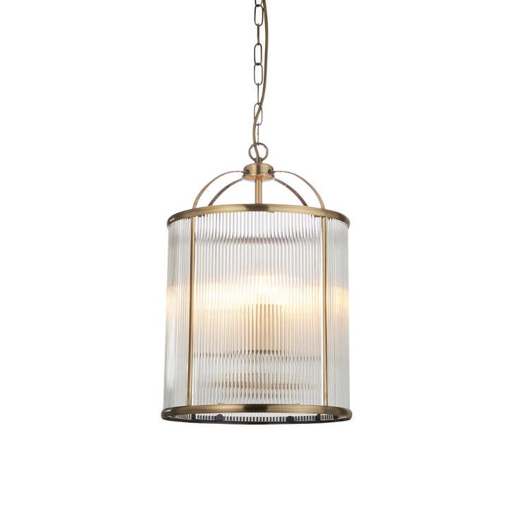 Lampa wisząca Lambeth w kolorze mosiądzu z żebrowanym szkłem