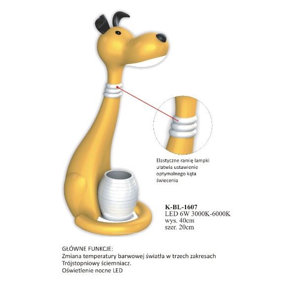 Lampka LED dla dzieci Piesek żółty – regulowana, z pojemnikiem na przybory