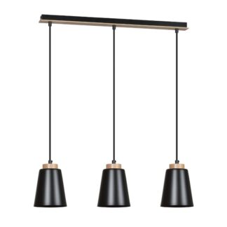 Czarna lampa wisząca Bolero 3 z drewnianą listwą i trzema kloszami E27