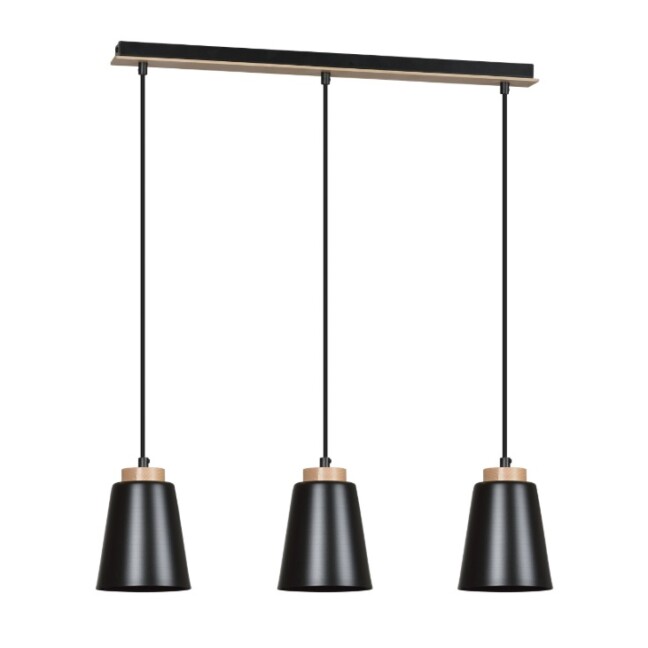 Czarna lampa wisząca Bolero 3 z drewnianą listwą i trzema kloszami E27