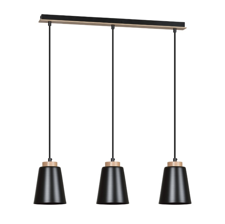 Czarna lampa wisząca Bolero 3 z drewnianą listwą i trzema kloszami E27