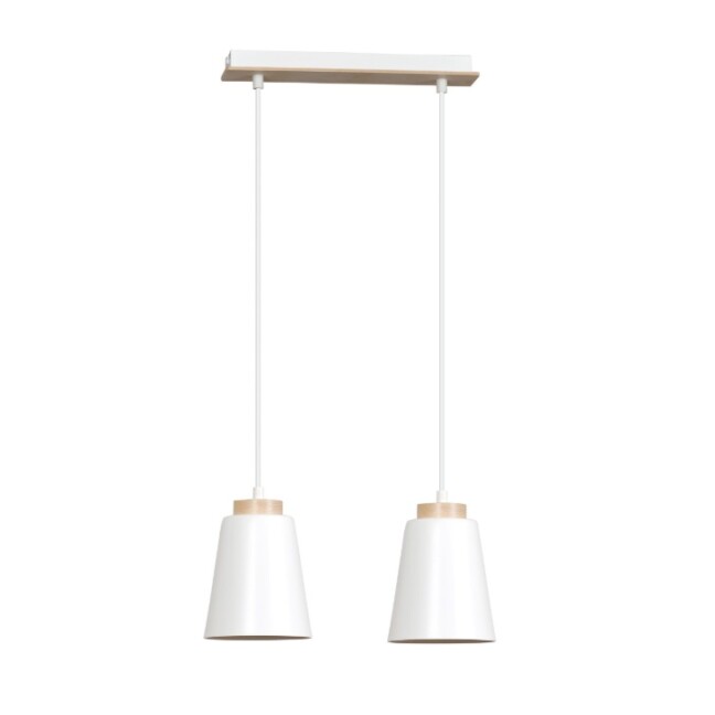 Lampa wisząca Bolero 2 biała z drewnem – podwójne klosze E27
