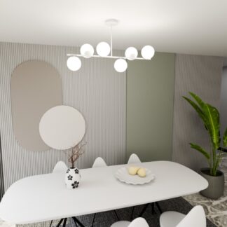 Biały plafon Bior 6 z mlecznymi kloszami – nowoczesny żyrandol do salonu