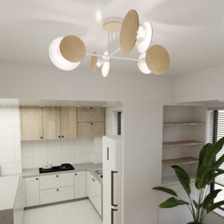 Nowoczesny żyrandol Zita biało‑drewniany z 4 punktami E27