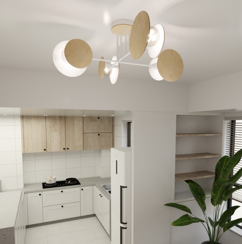 Nowoczesny żyrandol Zita biało‑drewniany z 4 punktami E27