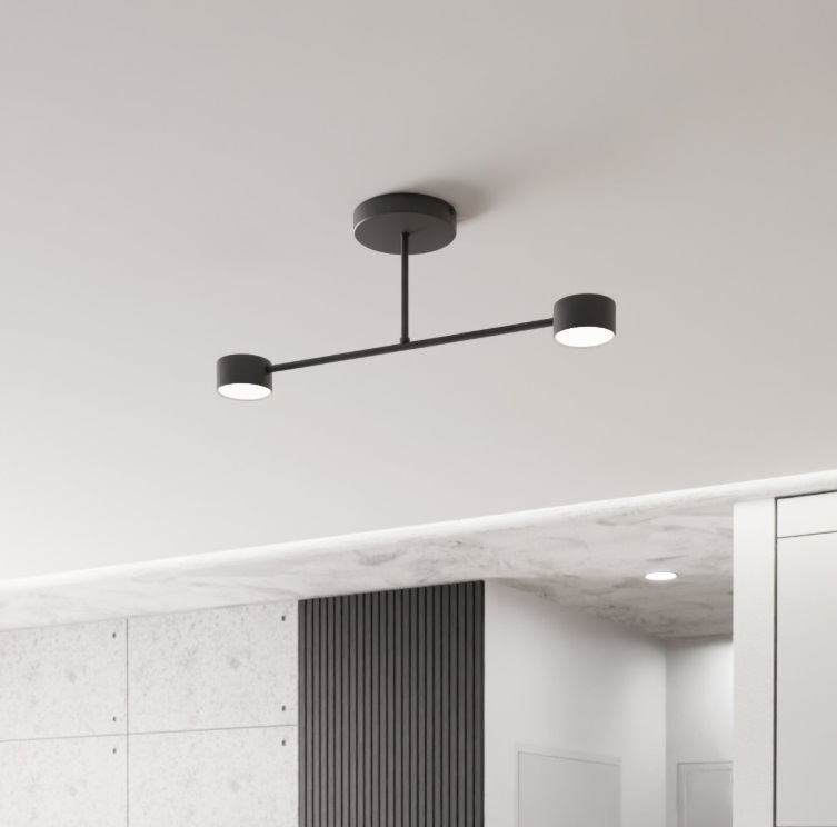 Czarna, płaska lampa sufitowa Halo 2 z 2 reflektorami GX53 IP20