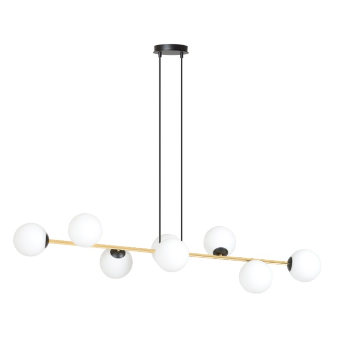Czarno-złota lampa wisząca Gravity 8 z mlecznymi kloszami E14