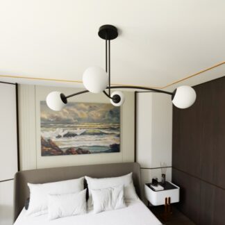 Czarny żyrandol Halldor 4 z białymi szklanymi kulami E14