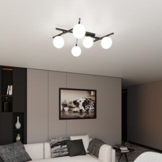 Geometryczny żyrandol Smart 5 z mlecznymi kulami E14 – regulowane ramiona, 5 źródeł światła