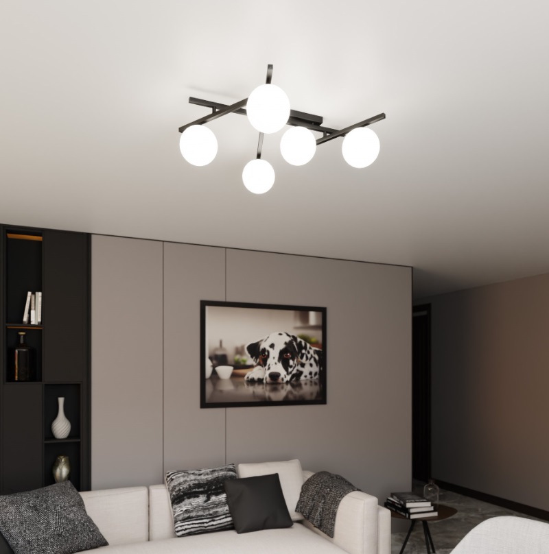 Geometryczny żyrandol Smart 5 z mlecznymi kulami E14 – regulowane ramiona, 5 źródeł światła