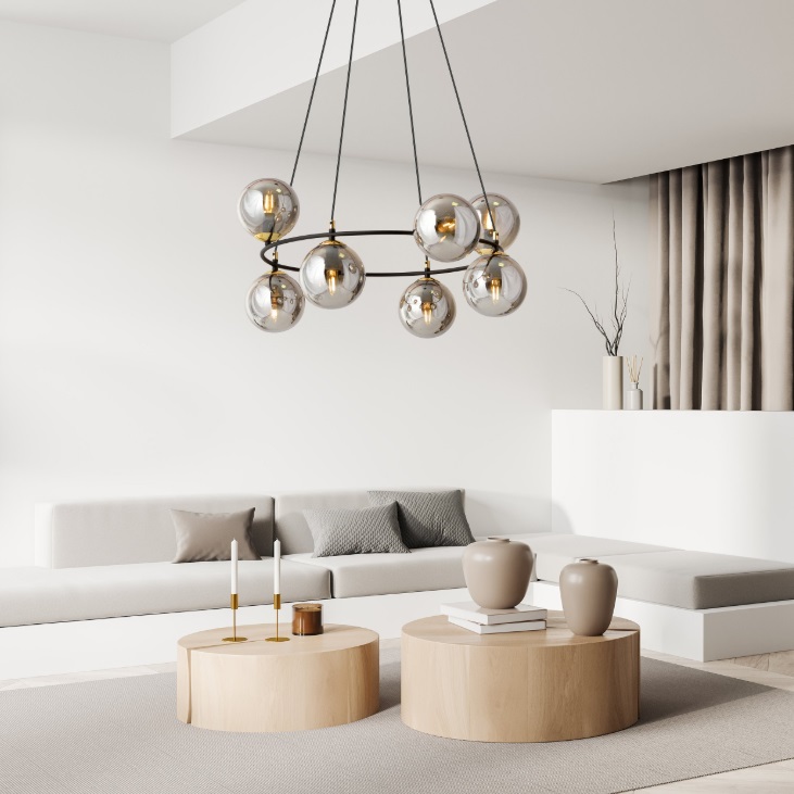 Żyrandol Azura 6 z sześcioma szklanymi kulami w srebrno-grafitowym wykończeniu