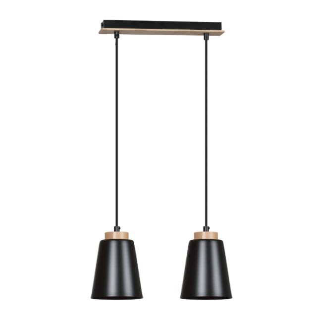 Lampa wisząca Bolero 2 z czarnymi kloszami i drewnianymi akcentami