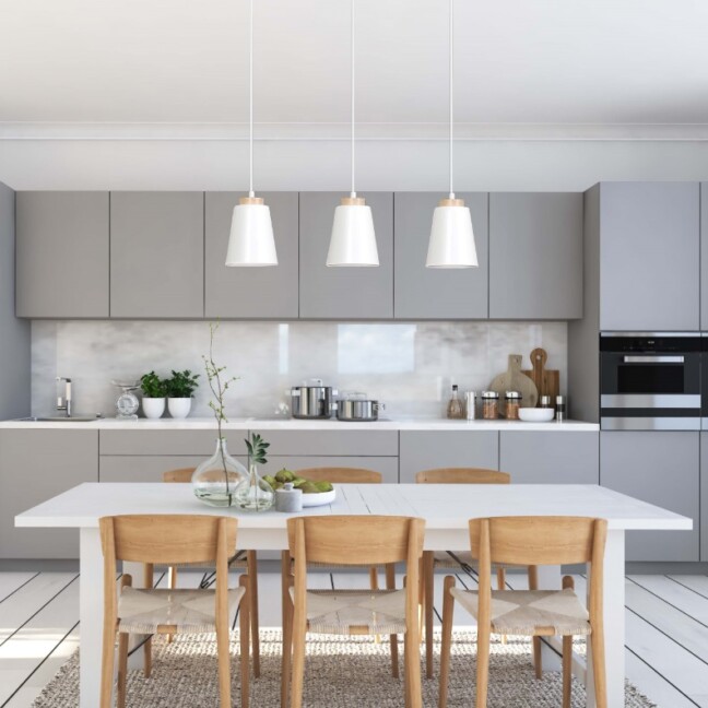 Lampa wisząca Bolero 3 z drewnianą listwą i trzema kloszami E27