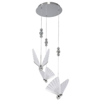 Srebrna lampa wisząca LED Mariposa 3 CCT art deco z motywem motyli