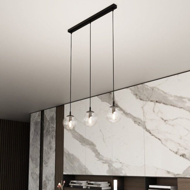 Szklana lampa wisząca Cosmo 3 z trzema transparentnymi kloszami E14