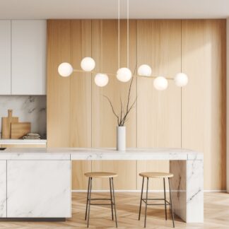 Złota lampa wisząca Gravity 8 z mlecznymi kulami E14