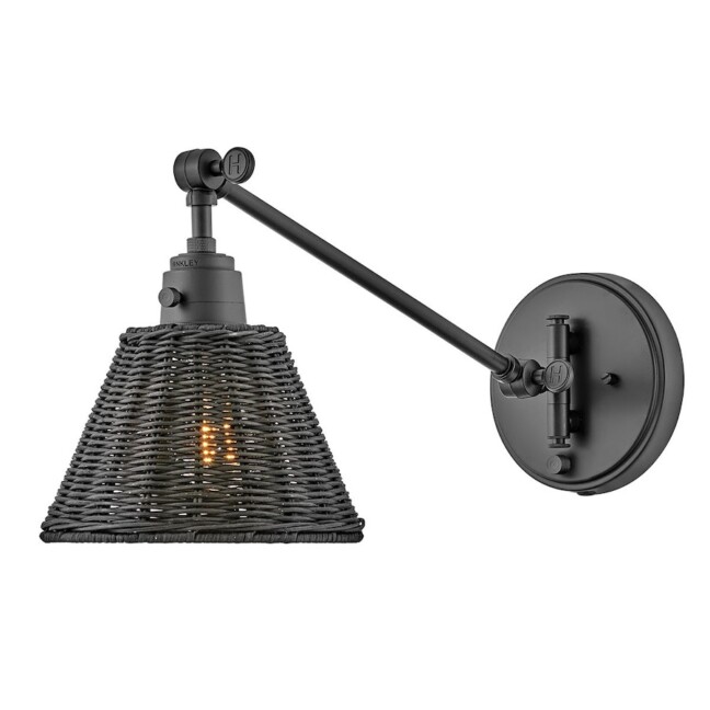 Czarny kinkiet Arti z rattanowym kloszem i regulowanym ramieniem E27 60W IP20