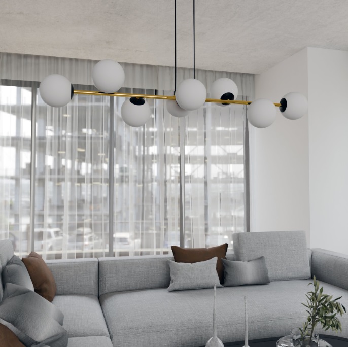 Czarno-złota lampa wisząca Gravity 8 z mlecznymi kloszami E14