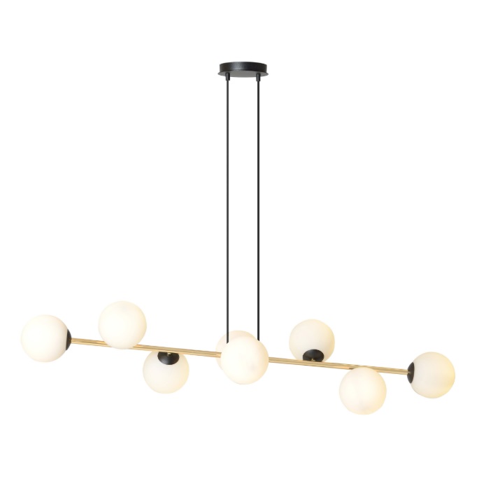 Czarno-złota lampa wisząca Gravity 8 z mlecznymi kloszami E14