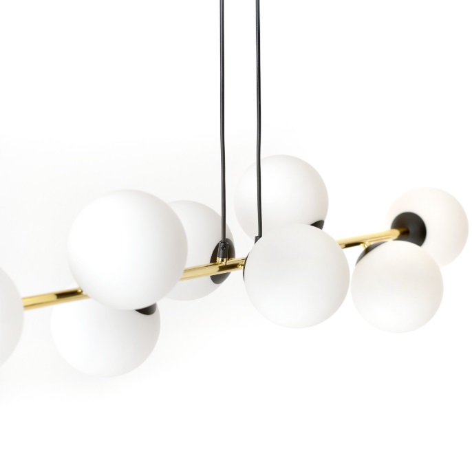 Czarno-złota lampa wisząca Gravity 8 z mlecznymi kloszami E14