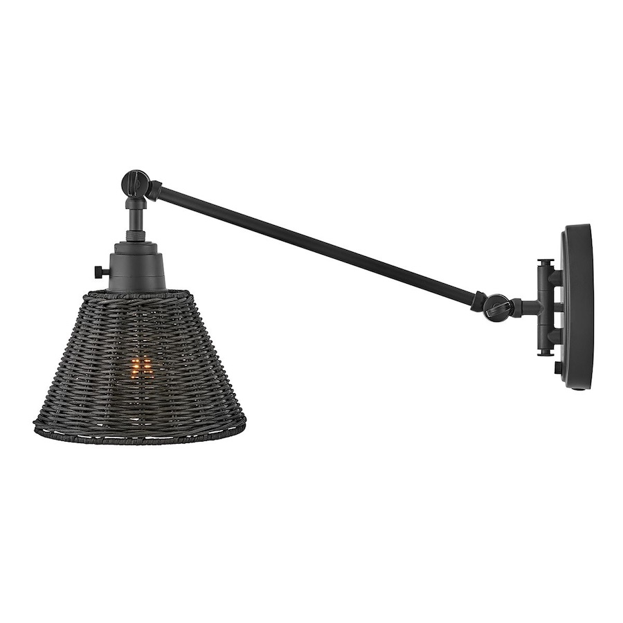 Czarny kinkiet Arti z rattanowym kloszem i regulowanym ramieniem E27 60W IP20