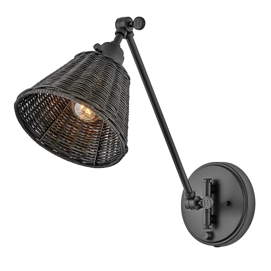 Czarny kinkiet Arti z rattanowym kloszem i regulowanym ramieniem E27 60W IP20