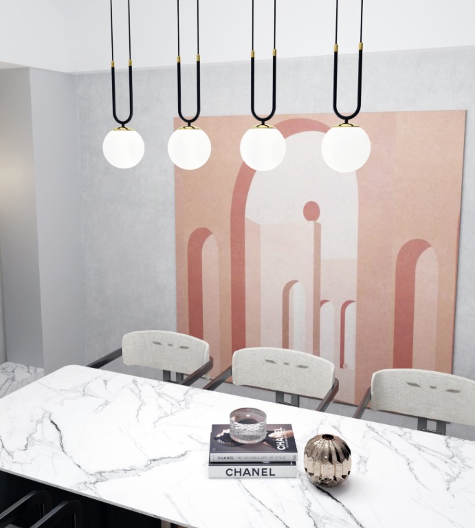 Lampa wisząca Glam 4 z mlecznymi kulami na złotym łuku E14